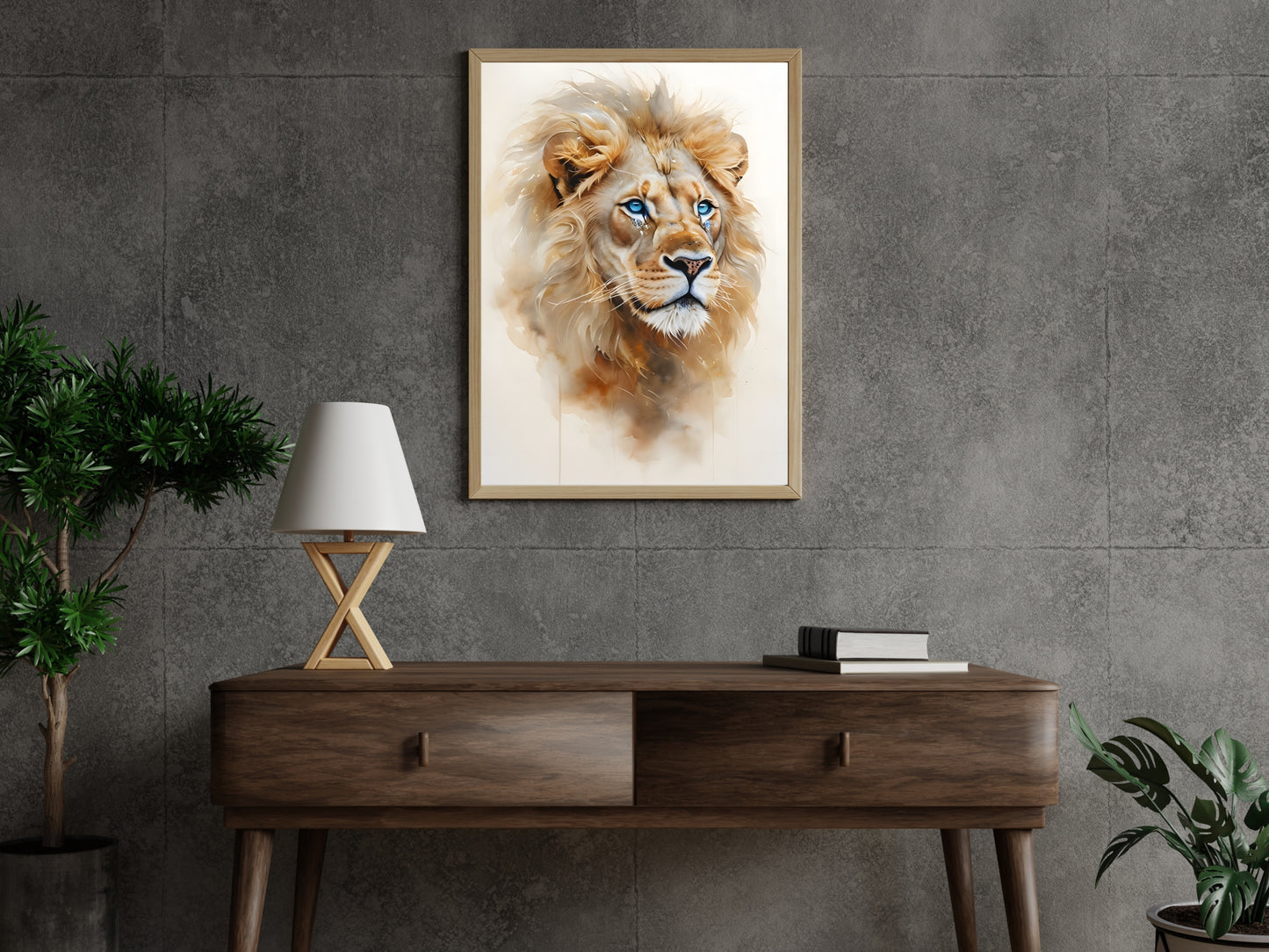 Majestic Watercolor Lion Print – Blue Eyes Digital Wall Art