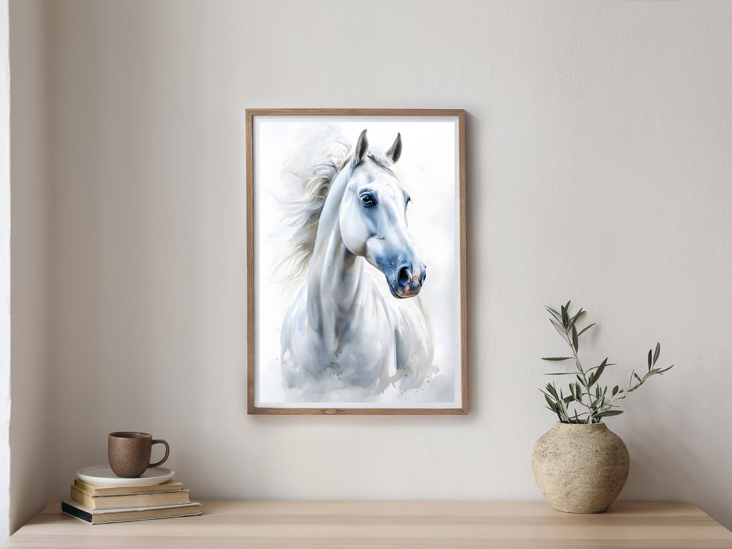 White Horse Watercolor Wall Art – Elegant Digital Print of Majestic Horse