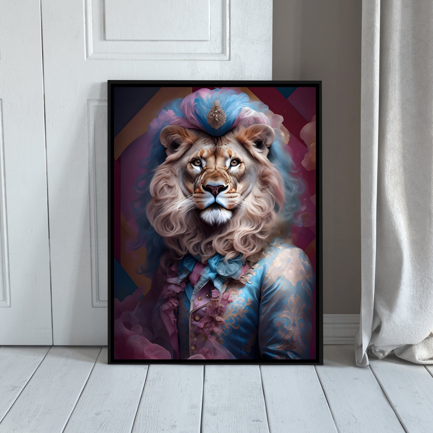 Royal Fantasy Lion Portrait – Regal Animal Wall Art, Baroque Style, Digital Print