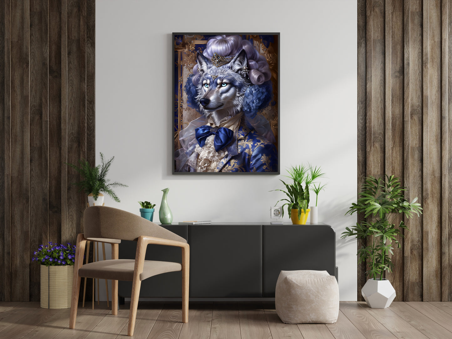 Regal Wolf Fantasy Art Digital Print in Blue & Gold – Elegant Wall Decor for Animal Art Lovers