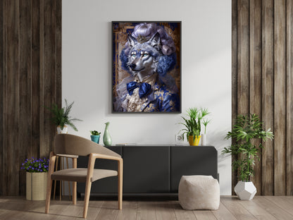 Regal Wolf Fantasy Art Digital Print in Blue & Gold – Elegant Wall Decor for Animal Art Lovers