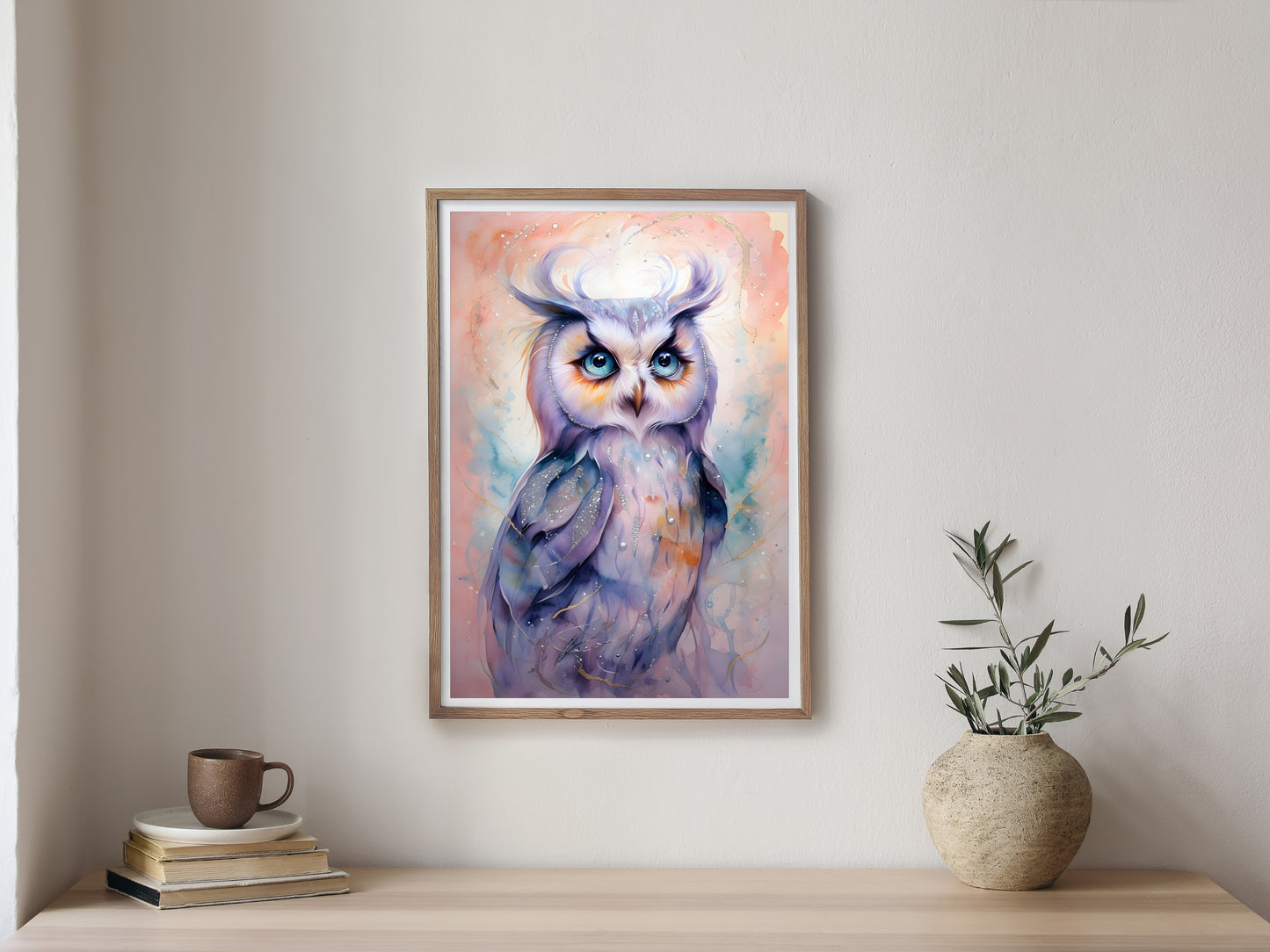 Dreamy Watercolor Owl Wall Art – Magical Fantasy Bird Illustration