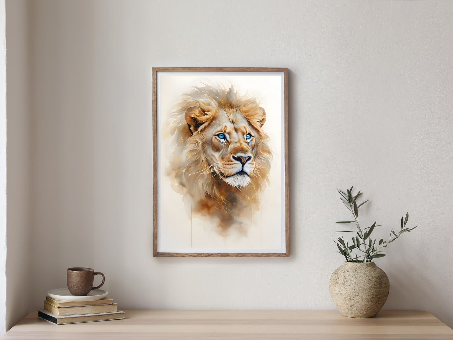 Majestic Watercolor Lion Print – Blue Eyes Digital Wall Art
