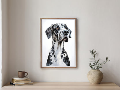 Watercolor Great Dane Art Print – Black & White Dog Printable Wall Decor