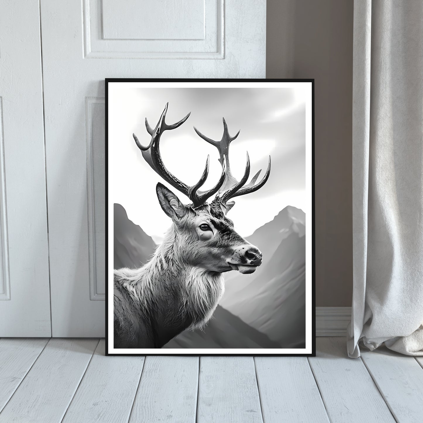 Majestic Stag – High-Quality Black and White Digital Wall Art for Nature Lovers