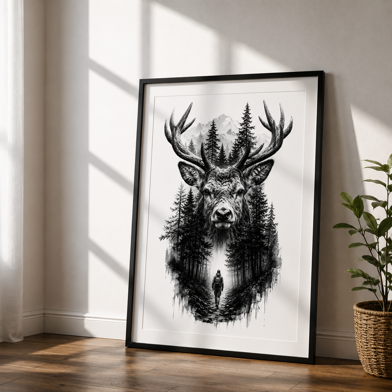 Majestic Deer Wall Art with Mountain Forest Landscape