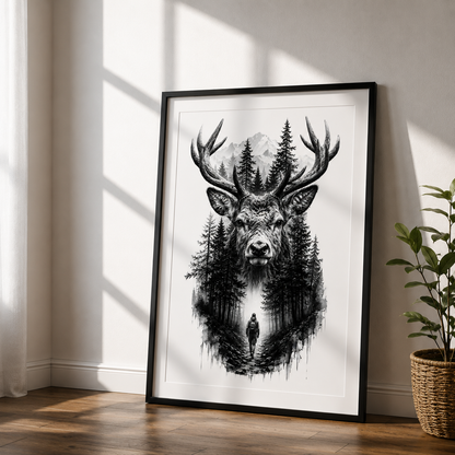 Majestic Deer Wall Art with Mountain Forest Landscape