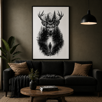 Majestic Deer Wall Art with Mountain Forest Landscape