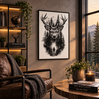 Majestic Deer Wall Art with Mountain Forest Landscape
