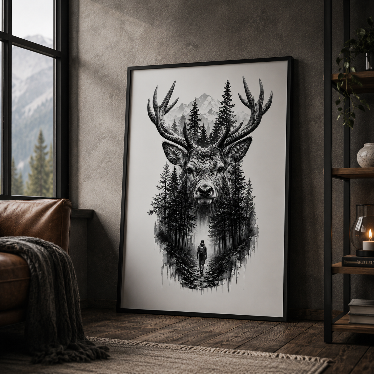 Majestic Deer Wall Art with Mountain Forest Landscape