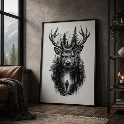 Majestic Deer Wall Art with Mountain Forest Landscape