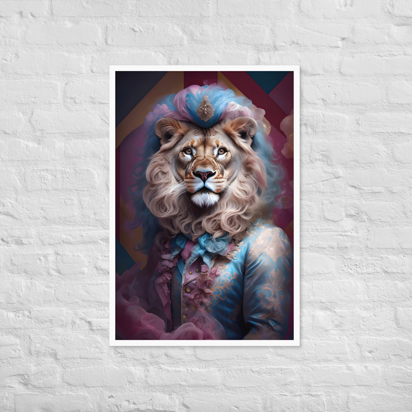 A humorous print combining a lion's head with an elaborate, period-style blue and pink suit.