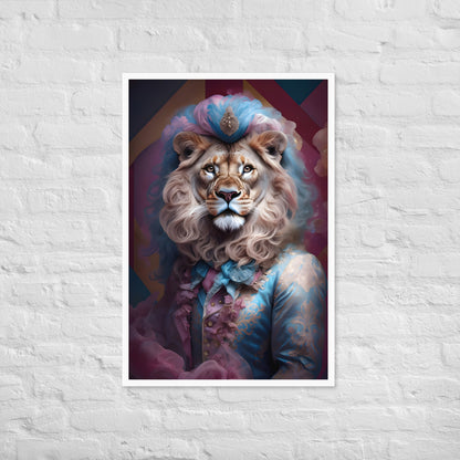 A humorous print combining a lion's head with an elaborate, period-style blue and pink suit.