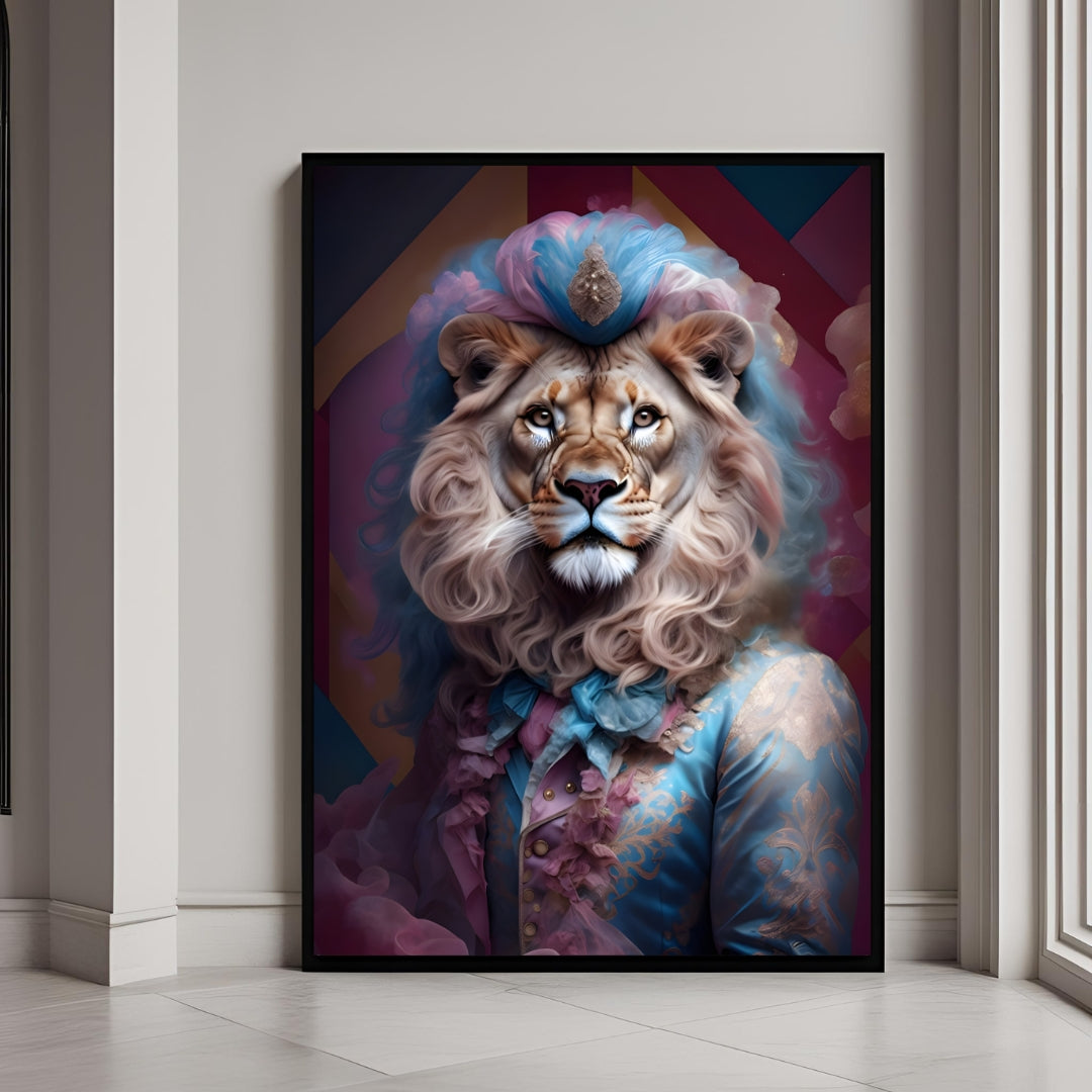 Humorous wall art of a lion dressed in a colorful, fluffy blue and pink 18th-century wig and jacket.