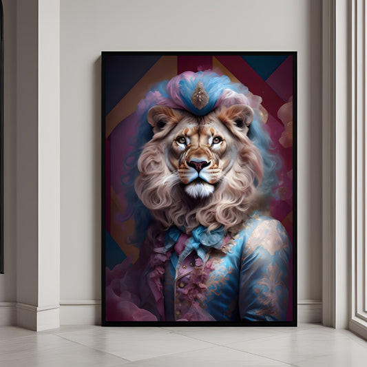 Humorous wall art of a lion dressed in a colorful, fluffy blue and pink 18th-century wig and jacket.
