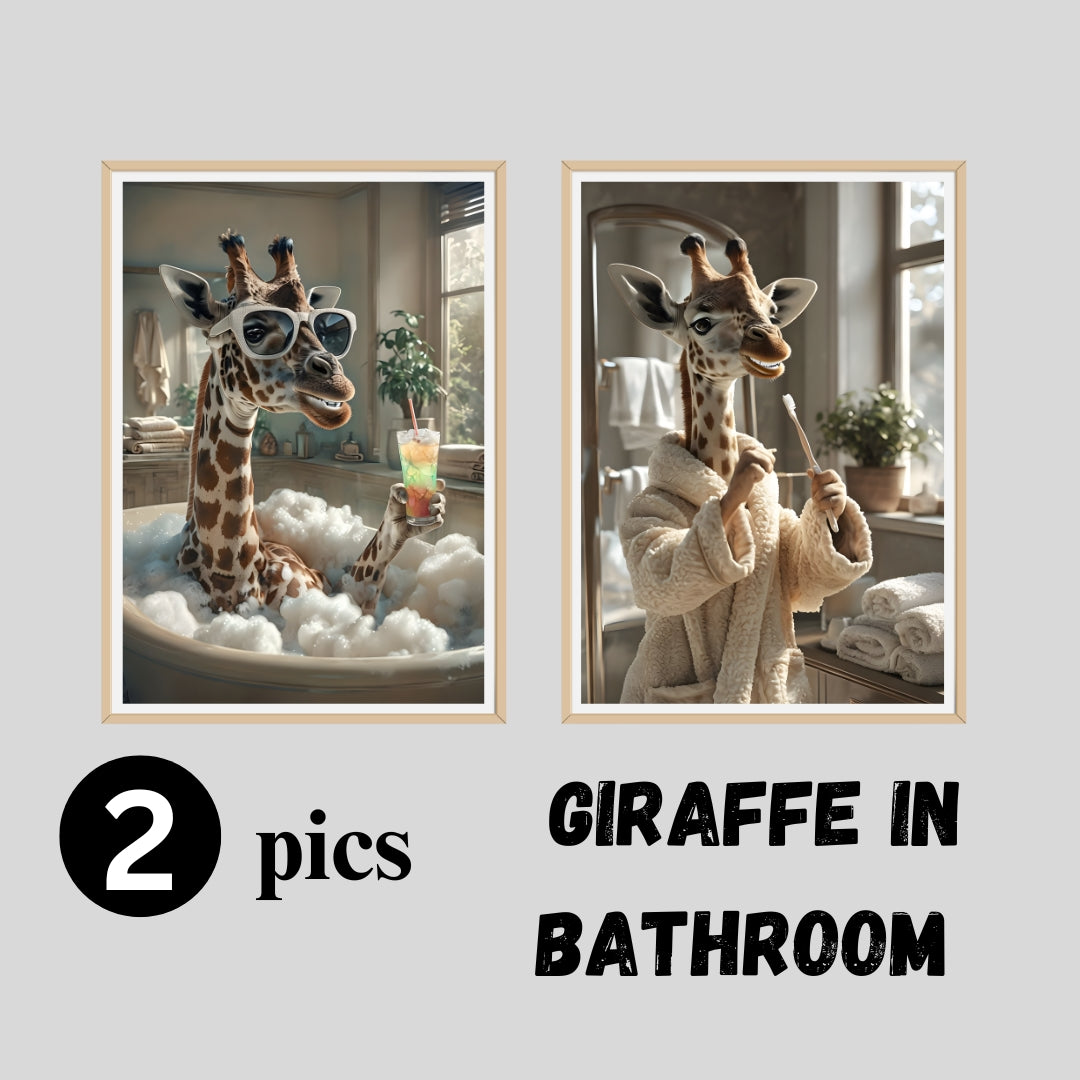 Funny Giraffe Bathroom Wall Art – Printable Animal Set in Robe & Tub