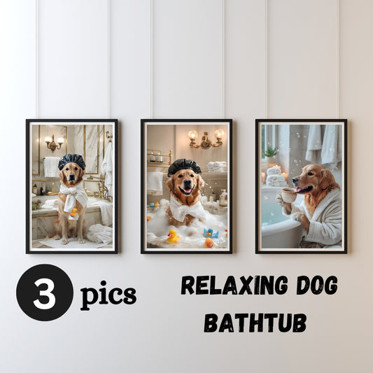 Set of 3 Funny Golden Retriever Prints – Relaxing Dog Bathtub Wall Art