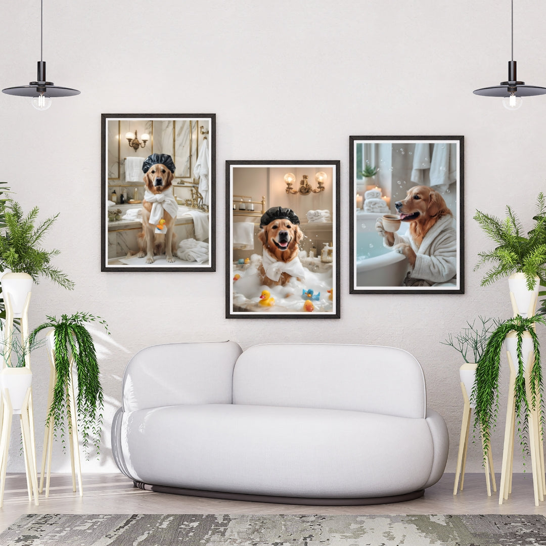 Set of 3 Funny Golden Retriever Prints – Relaxing Dog Bathtub Wall Art