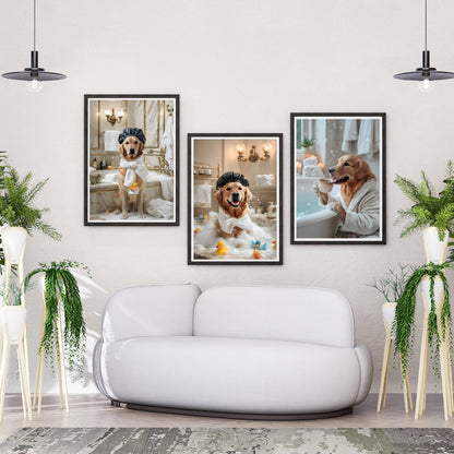 Set of 3 Funny Golden Retriever Prints – Relaxing Dog Bathtub Wall Art