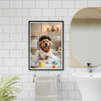 Set of 3 Funny Golden Retriever Prints – Relaxing Dog Bathtub Wall Art