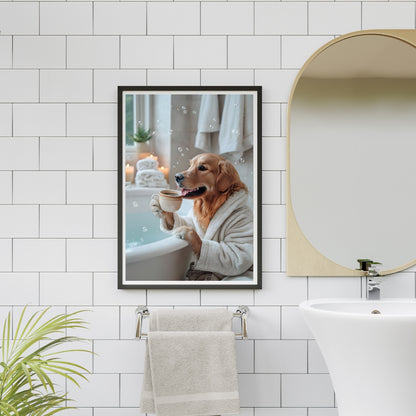 Set of 3 Funny Golden Retriever Prints – Relaxing Dog Bathtub Wall Art