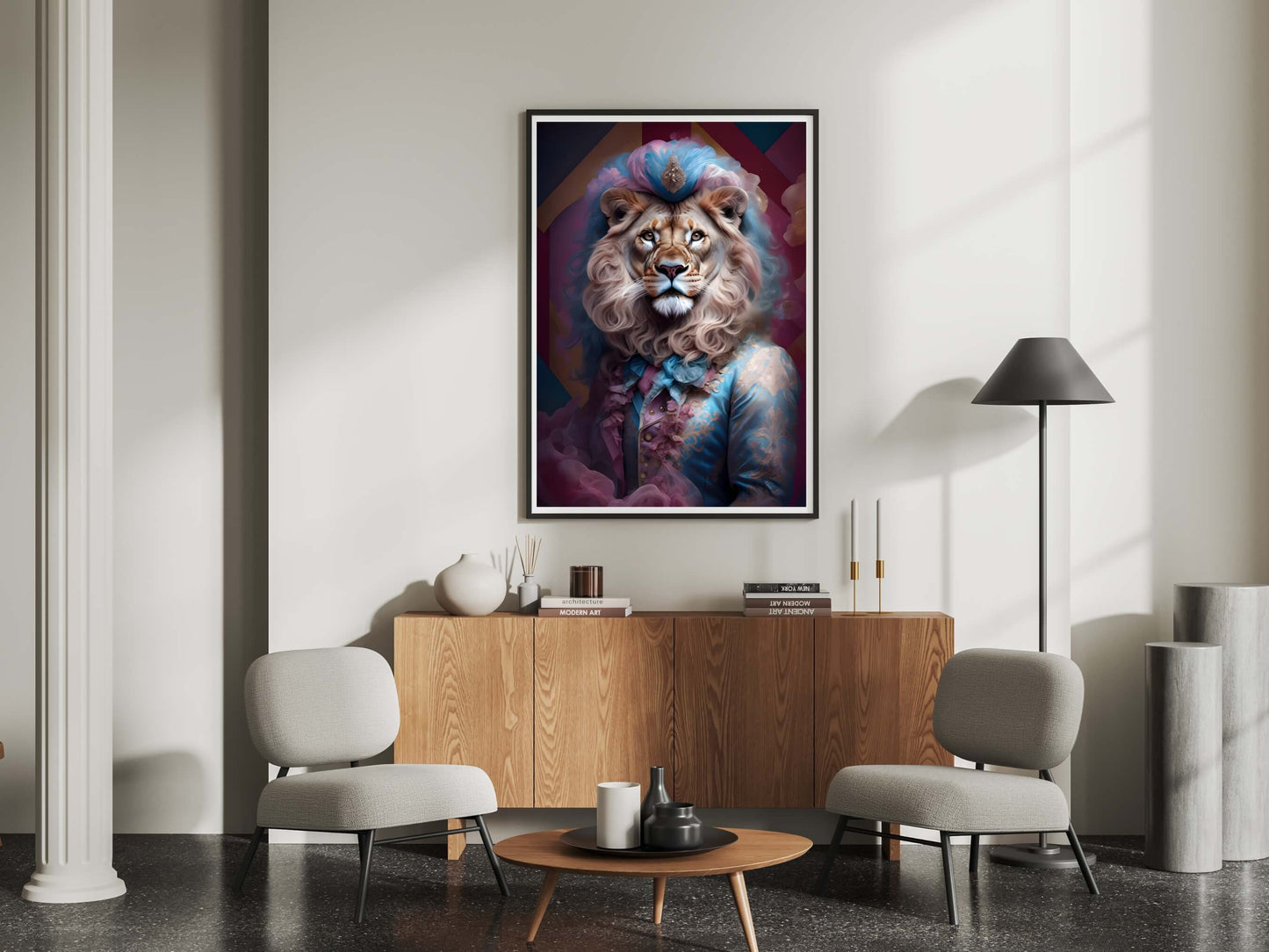Quirky home decor print showing a lion in a fancy, light blue suit with pink ruffles and gold patterns.
