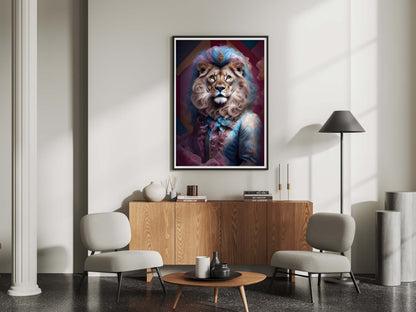Quirky home decor print showing a lion in a fancy, light blue suit with pink ruffles and gold patterns.
