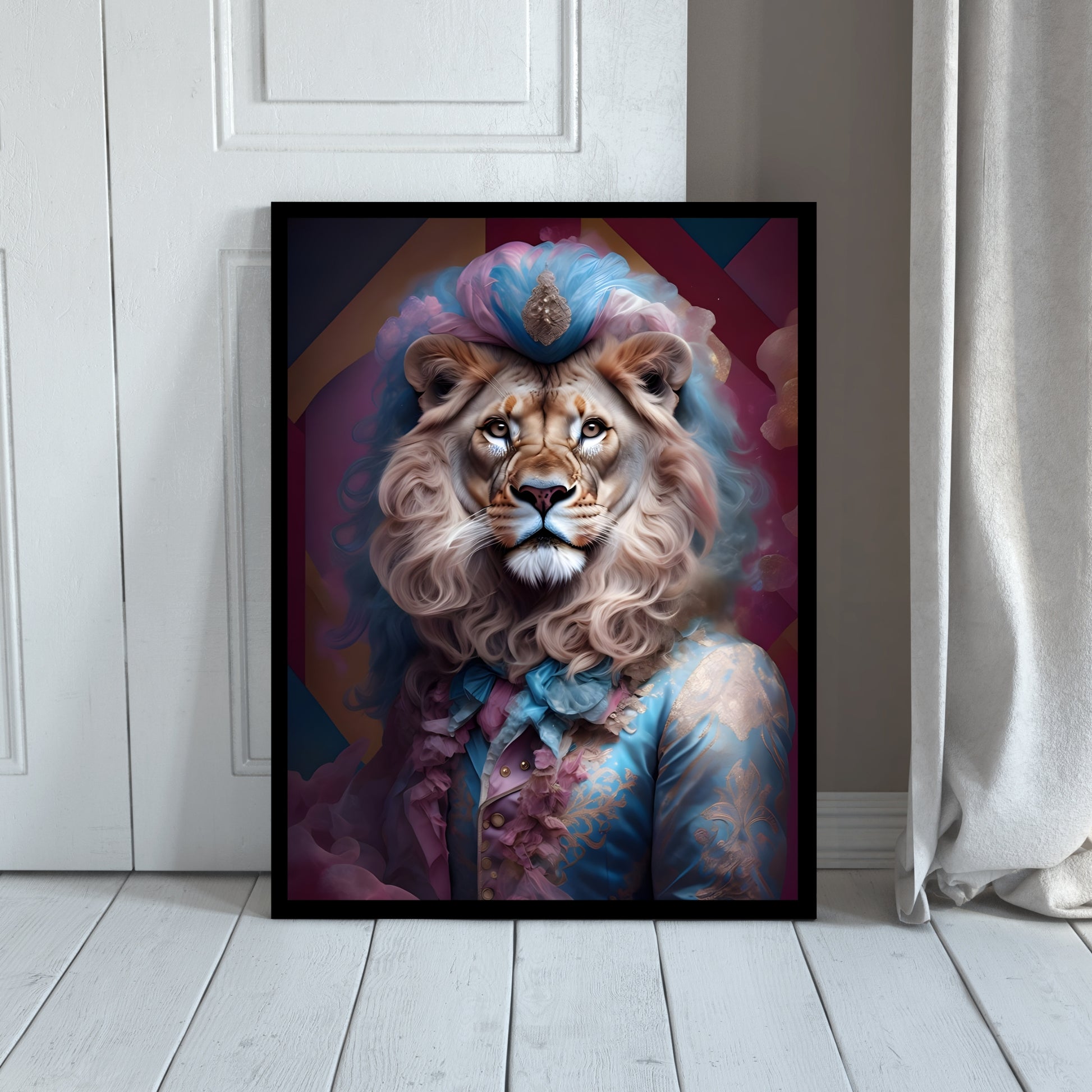 Animal lover gift idea: a striking portrait of a lion in an extravagant blue and pink costume.