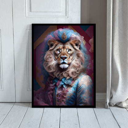 Animal lover gift idea: a striking portrait of a lion in an extravagant blue and pink costume.