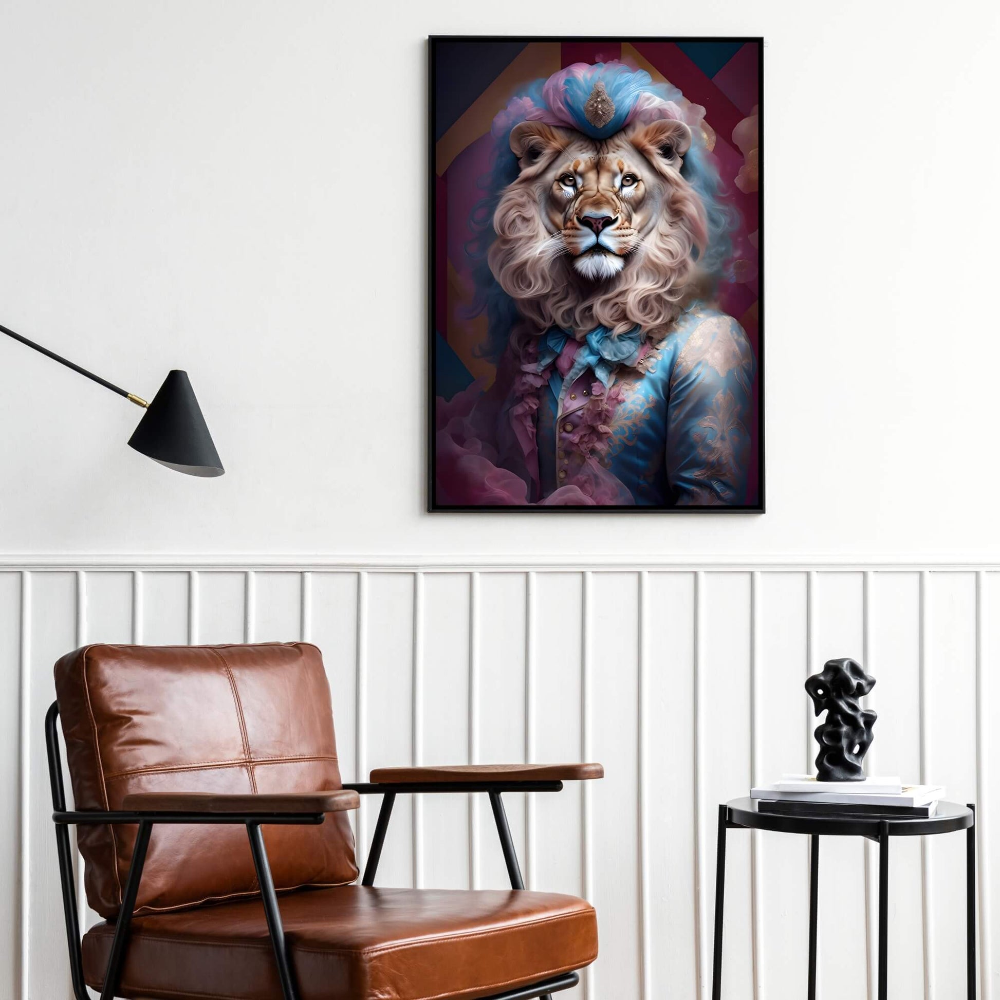 Majestic yet funny animal portrait of a lion wearing an ornate blue suit and a high, theatrical cravat.
