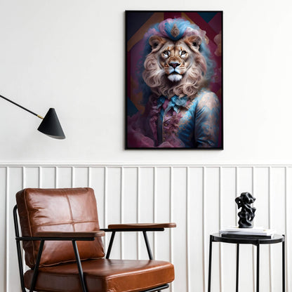 Majestic yet funny animal portrait of a lion wearing an ornate blue suit and a high, theatrical cravat.
