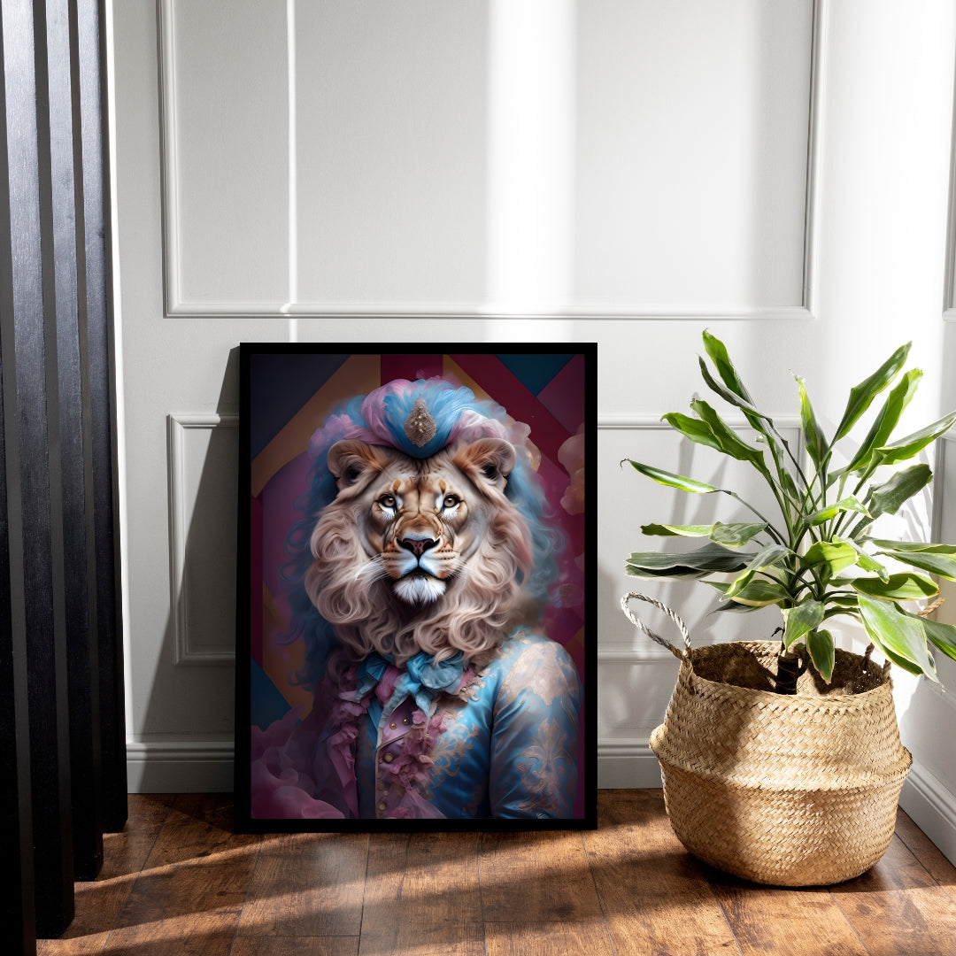 Unique bathroom decor: a lion with a fluffy mane and powdered wig, dressed in a regal blue coat.
