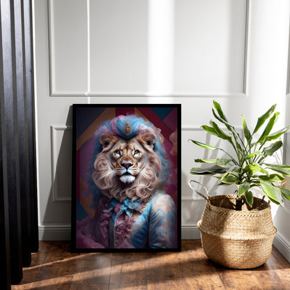 Unique bathroom decor: a lion with a fluffy mane and powdered wig, dressed in a regal blue coat.
