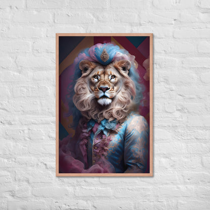 A brightly colored, funny animal portrait of a lion in a decorative blue and pink suit.