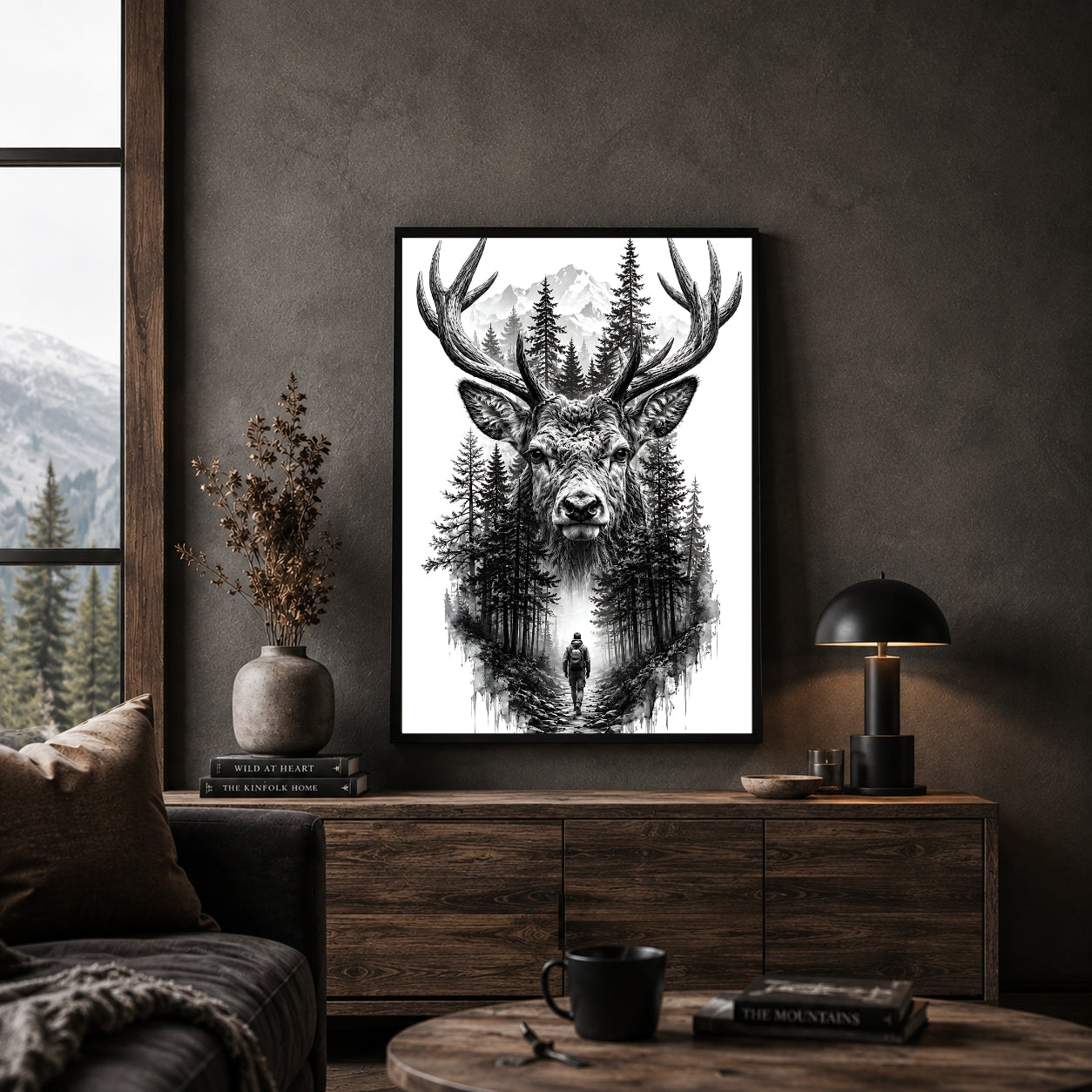 Majestic Deer Wall Art with Mountain Forest Landscape