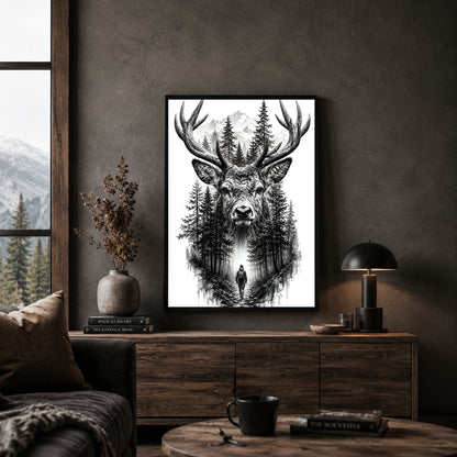 Majestic Deer Wall Art with Mountain Forest Landscape