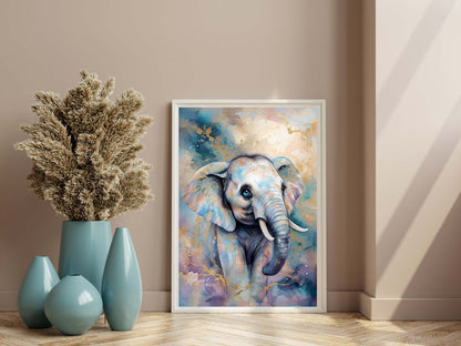 Modern framed digital art print featuring an abstract watercolor elephant.

