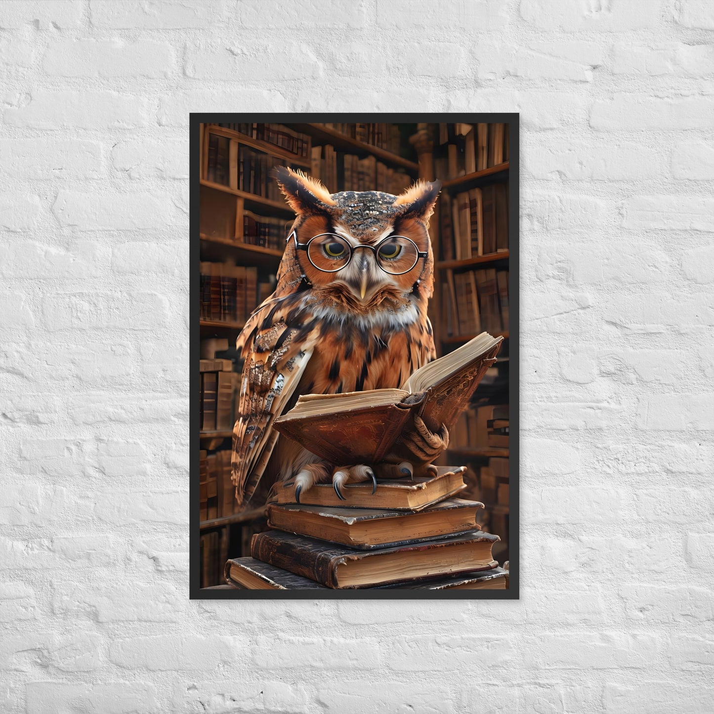 A vibrant and unique framed art print of a reading owl, ideal for a study, office, or cozy reading nook.