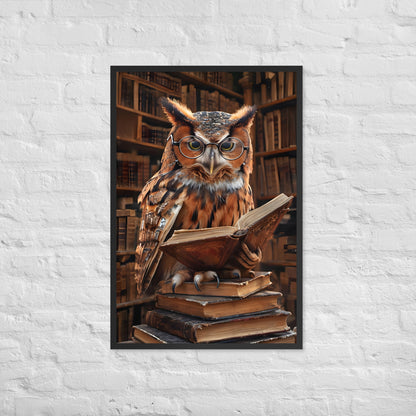 A vibrant and unique framed art print of a reading owl, ideal for a study, office, or cozy reading nook.