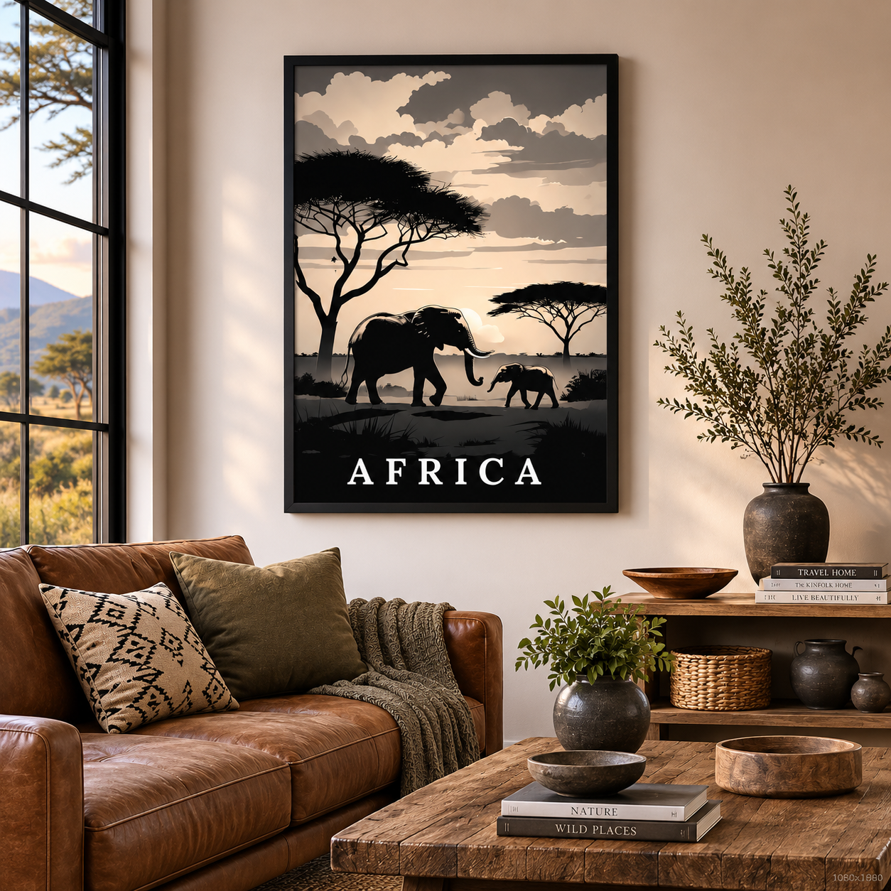A framed vertical poster featuring a silhouette landscape of Africa with elephants, acacia trees, and the word 'AFRICA' at the bottom, displayed on a beige wall in a styled living room with a brown leather sofa and wooden coffee table.