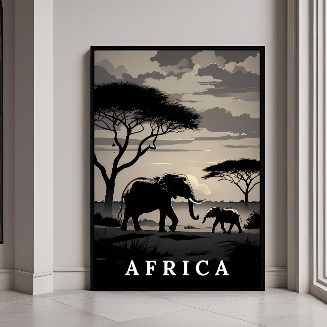 African elephant wall art in a premium framed print.