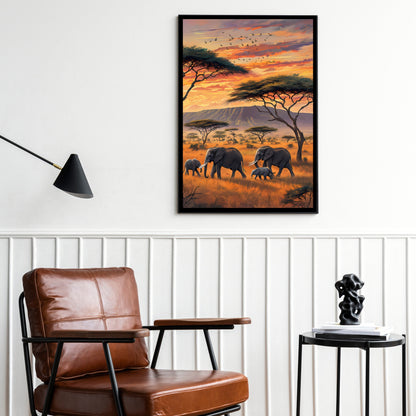 A stunning high-quality print of a group of elephants in Tanzania with acacia trees and a mountain range in the background.

