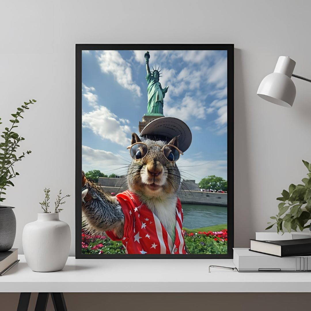 The framed patriotic squirrel art print, showing the background details of the city and the Statue of Liberty.