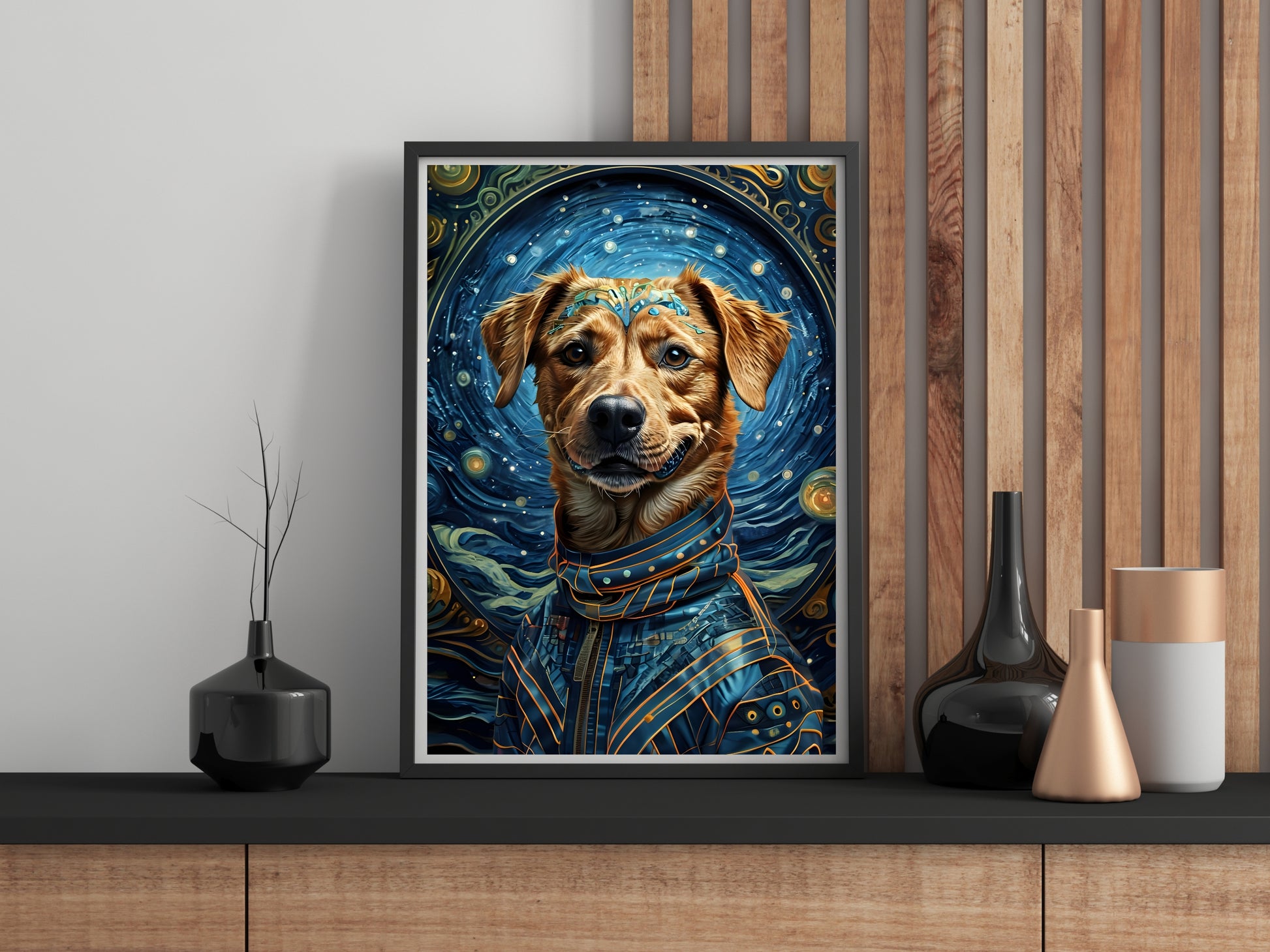 Framed artwork of a dog with a starry background on a wall with decorative vases.