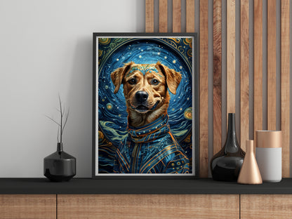 Framed artwork of a dog with a starry background on a wall with decorative vases.