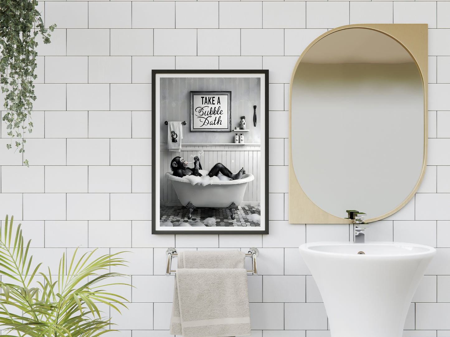 A framed artwork of a chimpanzee sitting in a bathtub, a funny animal print

