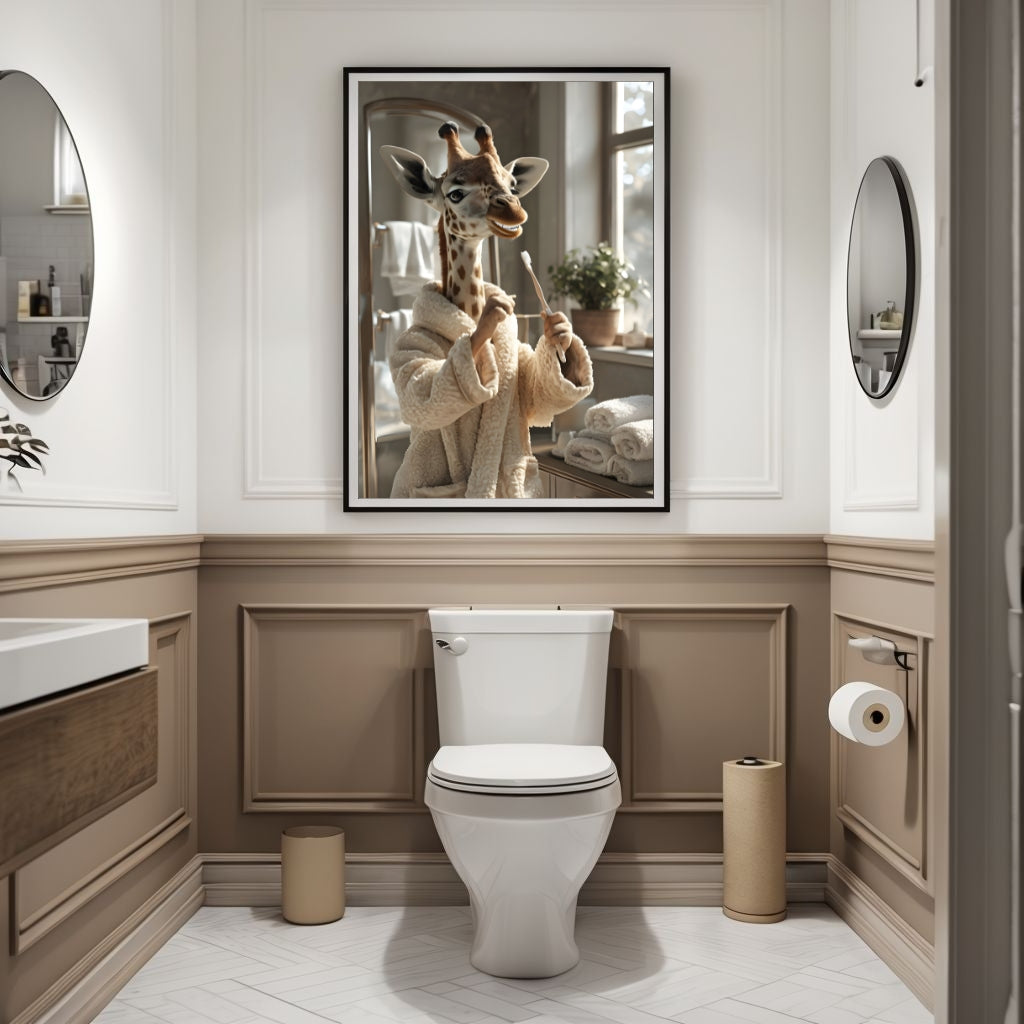 The whimsical giraffe wearing a cozy white bathrobe, perfect for unique bathroom decor.