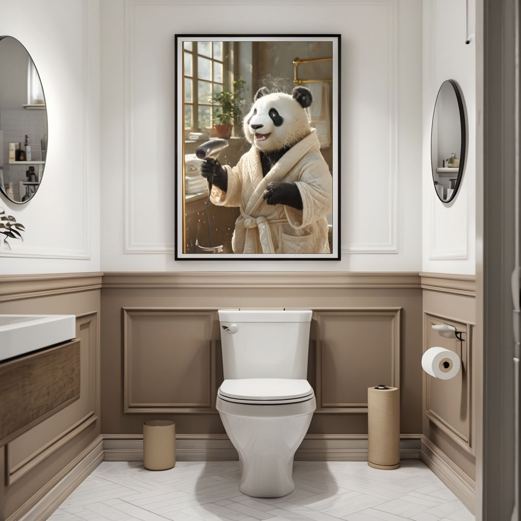 The adorable Panda wearing a quilted white bathrobe and actively using a hairdryer.