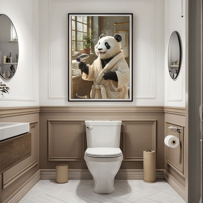 The adorable Panda wearing a quilted white bathrobe and actively using a hairdryer.
