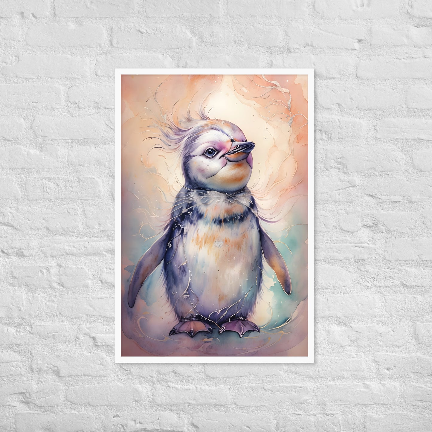 A wide shot of the framed art, showcasing the full charm of the whimsical baby penguin.